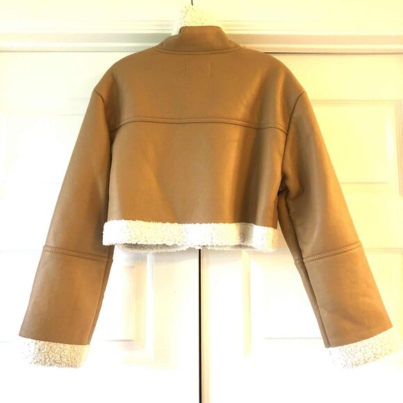 New LOVE TREE Cropped Shearling Trim Vegan Leather Jacket Camel S - Picture 5 of 7